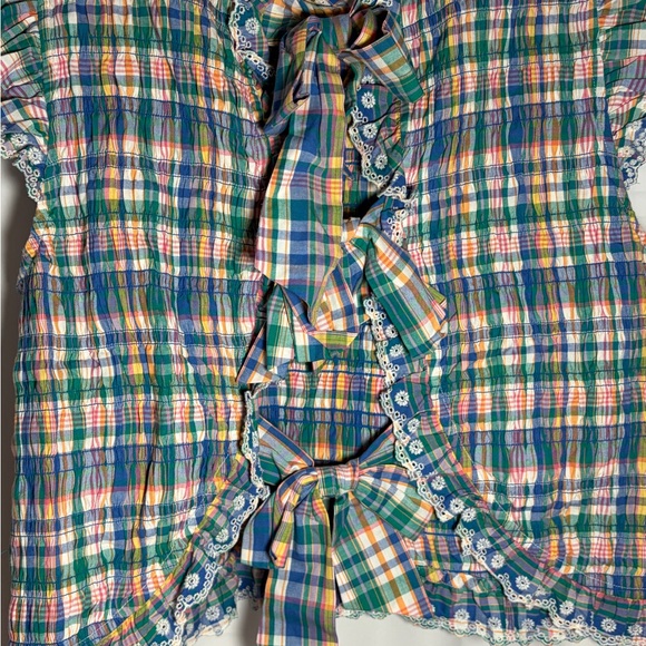 SEZANE Liorane Blouse in Careo Print Sz 44/XXL Plaid w/Lace Trim & Ties in Back - Picture 4 of 6